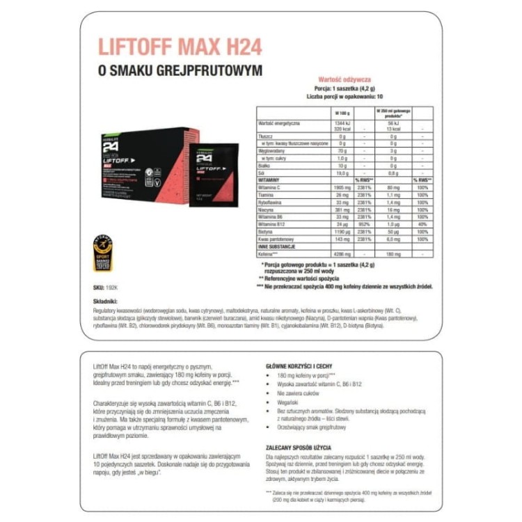 H24 LiftOff Max Napój energetyczny 180mg kofeiny